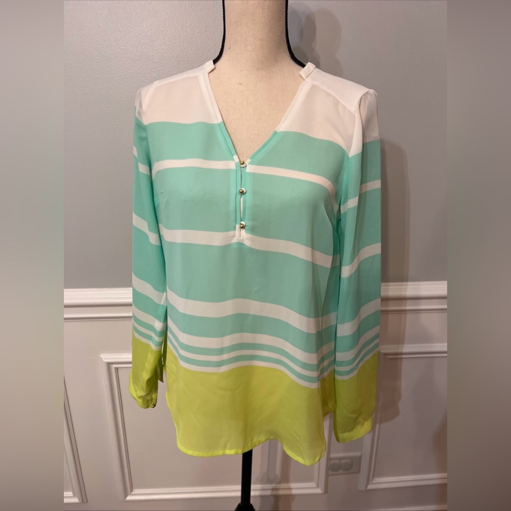 Lauren Conrad Green and White Stripes Long Sleeve Flowy Blouse Size Small
